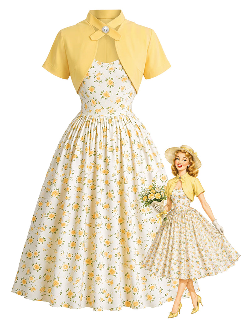 [Prévente] Robe évasée jaune clair à fleurs et nœud avec boléro années 1950