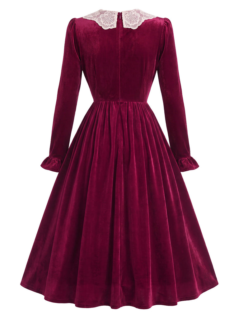 [Prévente] Robe midi lie-de-vin en velours à col en dentelle et poignets volantés années 1950