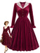 [Prévente] Robe midi lie-de-vin en velours à col en dentelle et poignets volantés années 1950