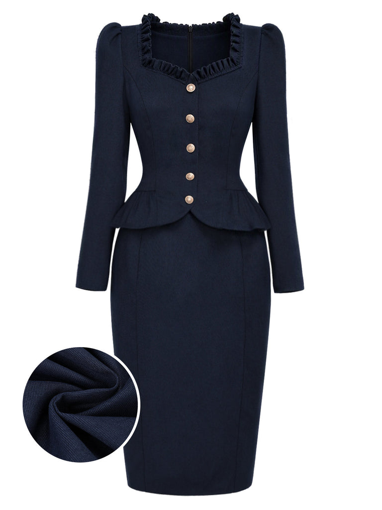[Prévente] Robe crayon bleu foncé à col volanté et basque blazer années 1950