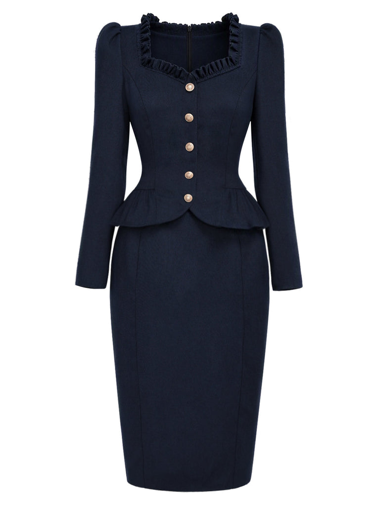 [Prévente] Robe crayon bleu foncé à col volanté et basque blazer années 1950