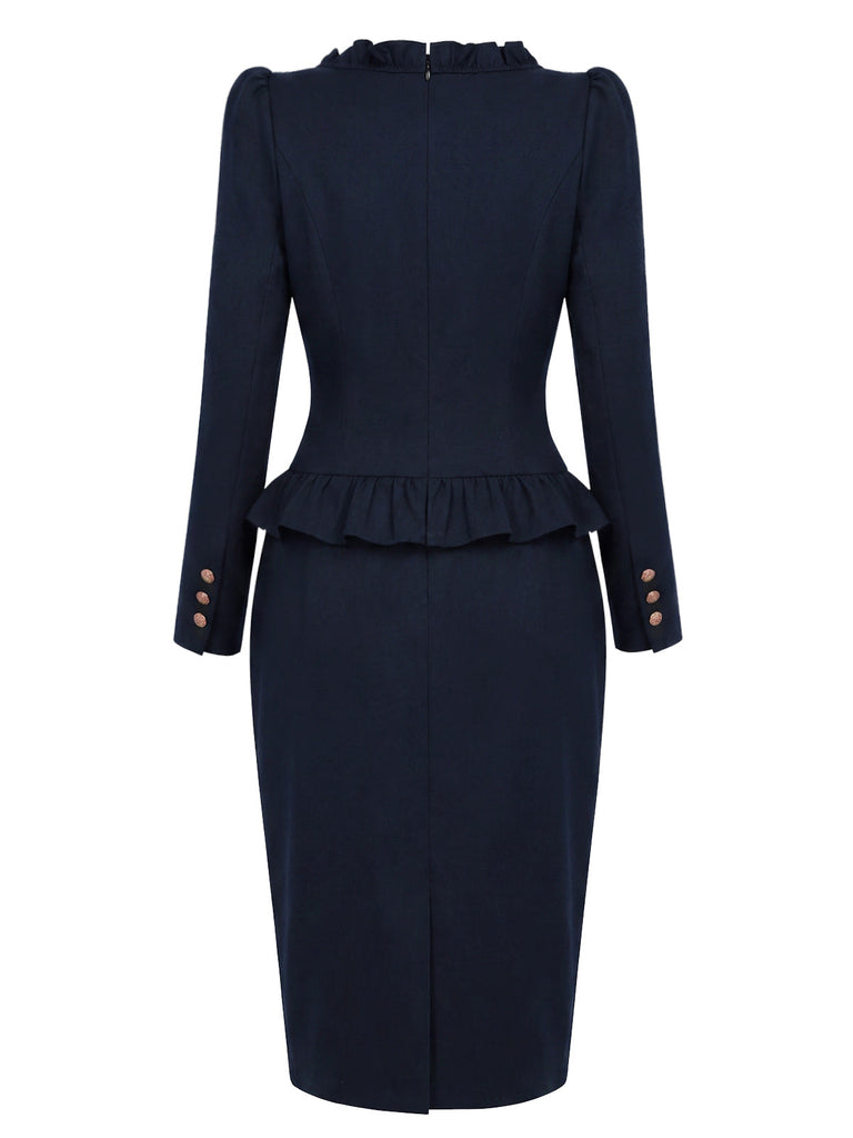 [Prévente] Robe crayon bleu foncé à col volanté et basque blazer années 1950