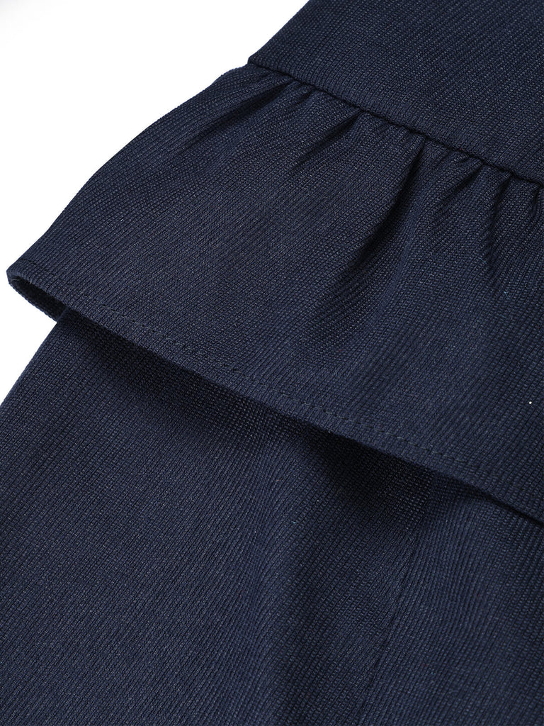 [Prévente] Robe crayon bleu foncé à col volanté et basque blazer années 1950