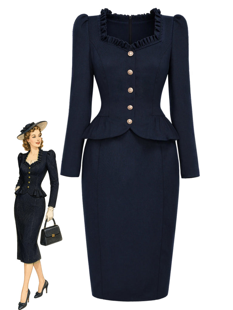 [Prévente] Robe crayon bleu foncé à col volanté et basque blazer années 1950