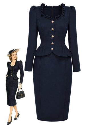 [Prévente] Robe crayon bleu foncé à col volanté et basque blazer années 1950