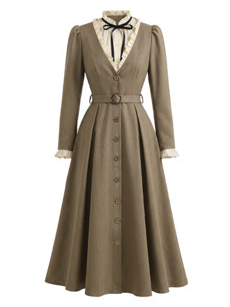 [Prévente] Robe marron effet deux pièces à col volanté années 1940