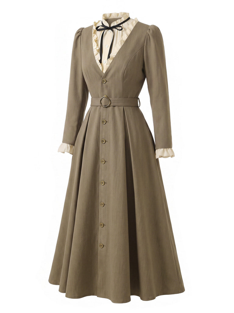 [Prévente] Robe marron effet deux pièces à col volanté années 1940