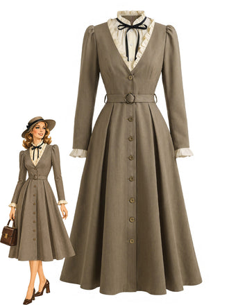 [Prévente] Robe marron effet deux pièces à col volanté années 1940
