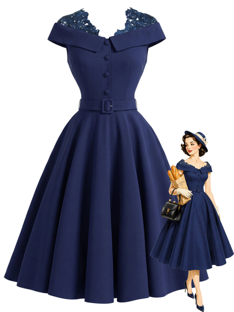 [Prévente] Robe bleue unie épaules dénudées avec empiècements en dentelle années 1950