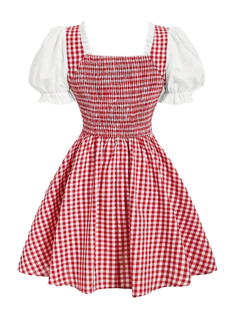Robe rouge et blanche à carreaux vichy, laçage, manches bouffantes et fronces années 1950