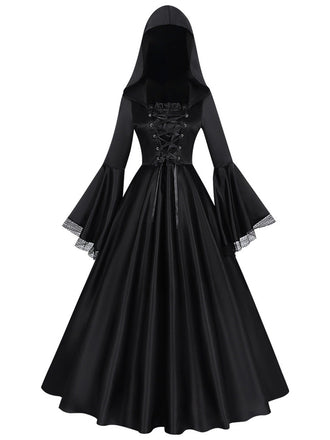Robe longue noire médiévale à capuche pour cosplay de sorcière années 1970