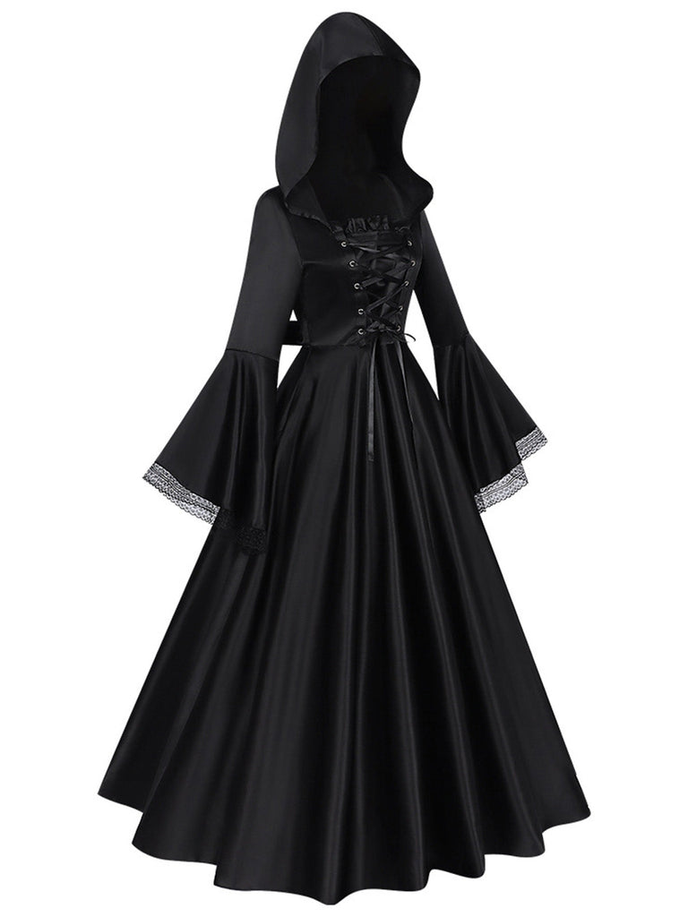 Robe longue noire médiévale à capuche pour cosplay de sorcière années 1970
