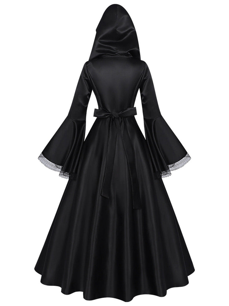 Robe longue noire médiévale à capuche pour cosplay de sorcière années 1970