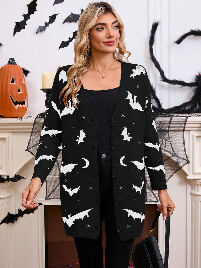 Cardigan long d’Halloween à imprimé chauve-souris et lune années 1970