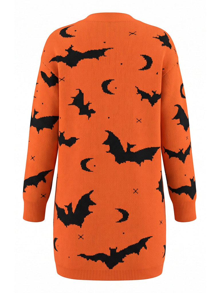 Cardigan long d’Halloween à imprimé chauve-souris et lune années 1970