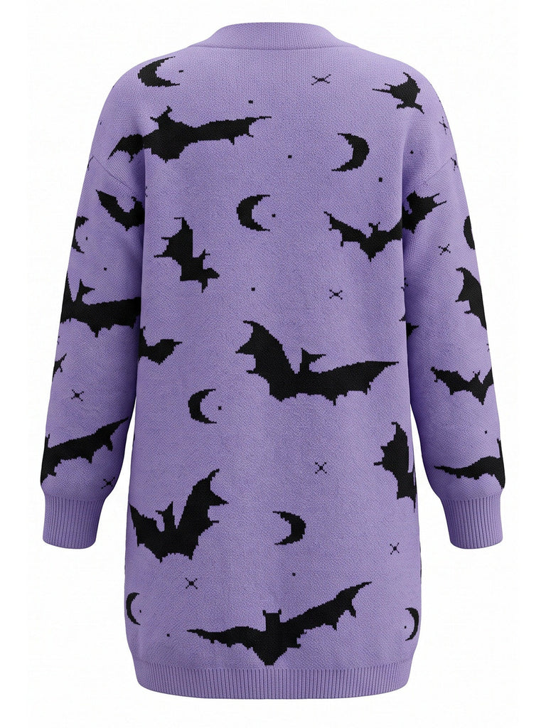 Cardigan long d’Halloween à imprimé chauve-souris et lune années 1970
