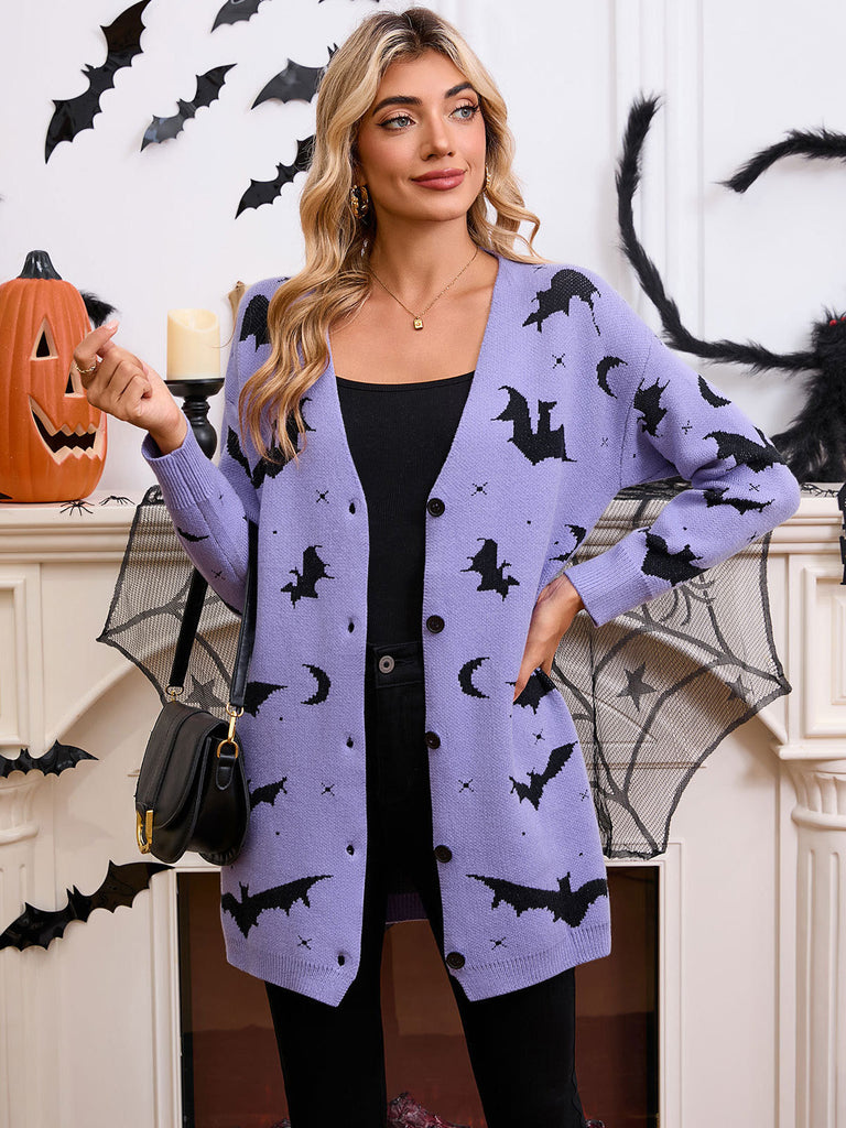 Cardigan long d’Halloween à imprimé chauve-souris et lune années 1970