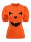 Pull en maille orange motif visage citrouille d'Halloween années 70