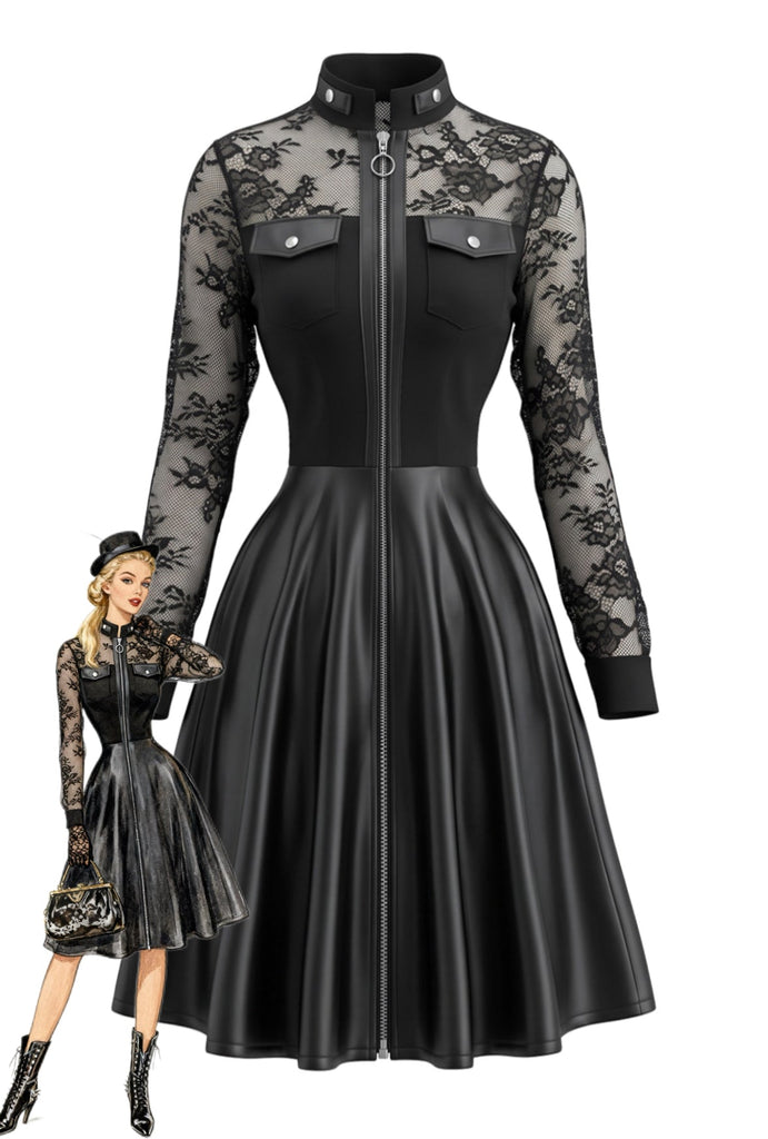 Robe noire en cuir et dentelle à manches longues Années 1980