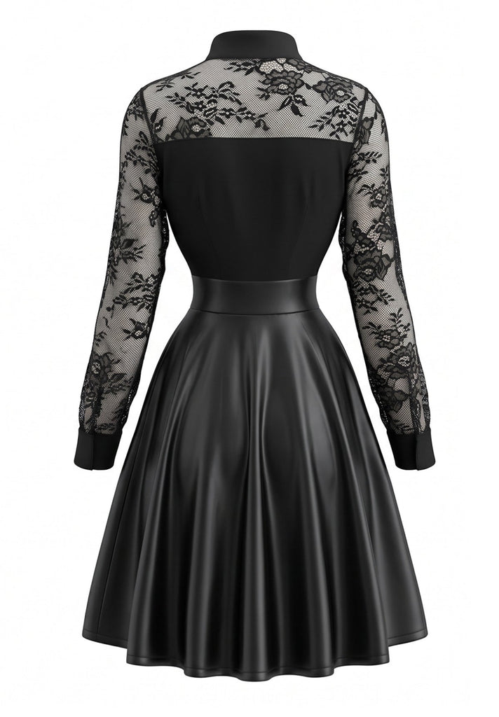 Robe noire en cuir et dentelle à manches longues Années 1980