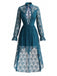 Robe bleu foncé à col V, dentelle, manches longues et ourlet asymétrique années 1970