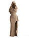 Robe longue kaki à capuche, col drapé, fronces et fente haute années 1970