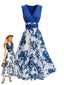 Robe évasée bleue à imprimé floral et col V plongeant années 1950