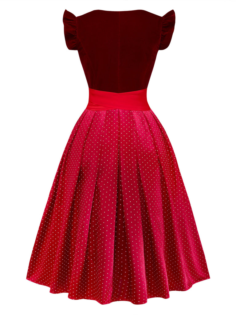 2PCS Robe Rouge Col Carré Polka Dots et Tablier Années 1950