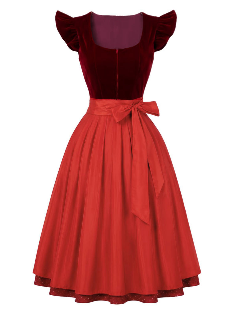 2PCS Robe Rouge Col Carré et Tablier à Pois Années 1950