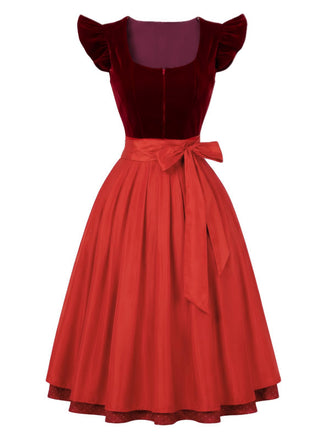 2PCS Robe Rouge Col Carré et Tablier à Pois Années 1950