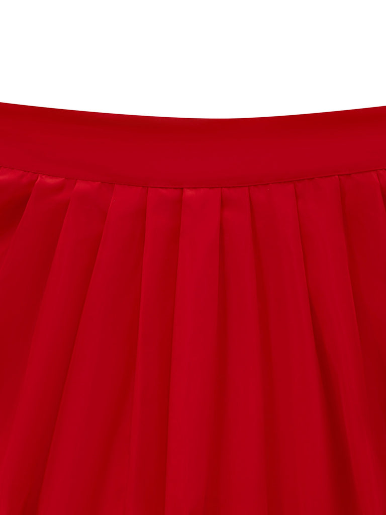 2PCS Robe Rouge Col Carré et Tablier à Pois Années 1950