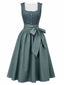 Robe Vert Imprimé Fleurie Col Carré et Tablier Années 1950