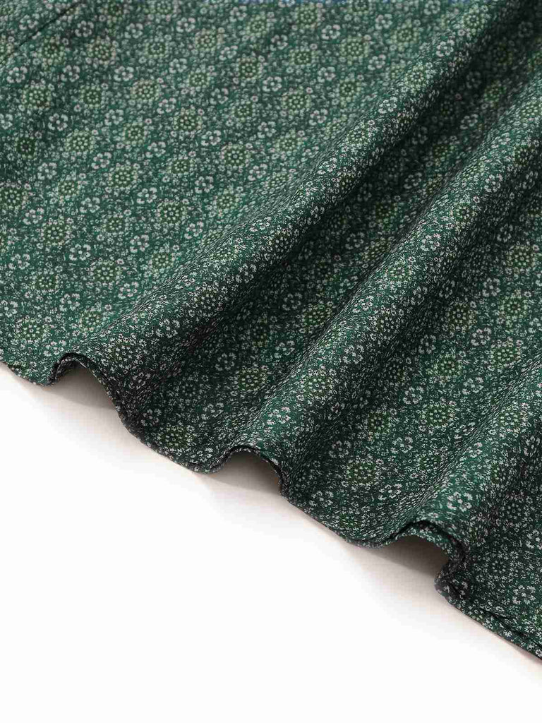 Robe Vert Imprimé Fleurie Col Carré et Tablier Années 1950