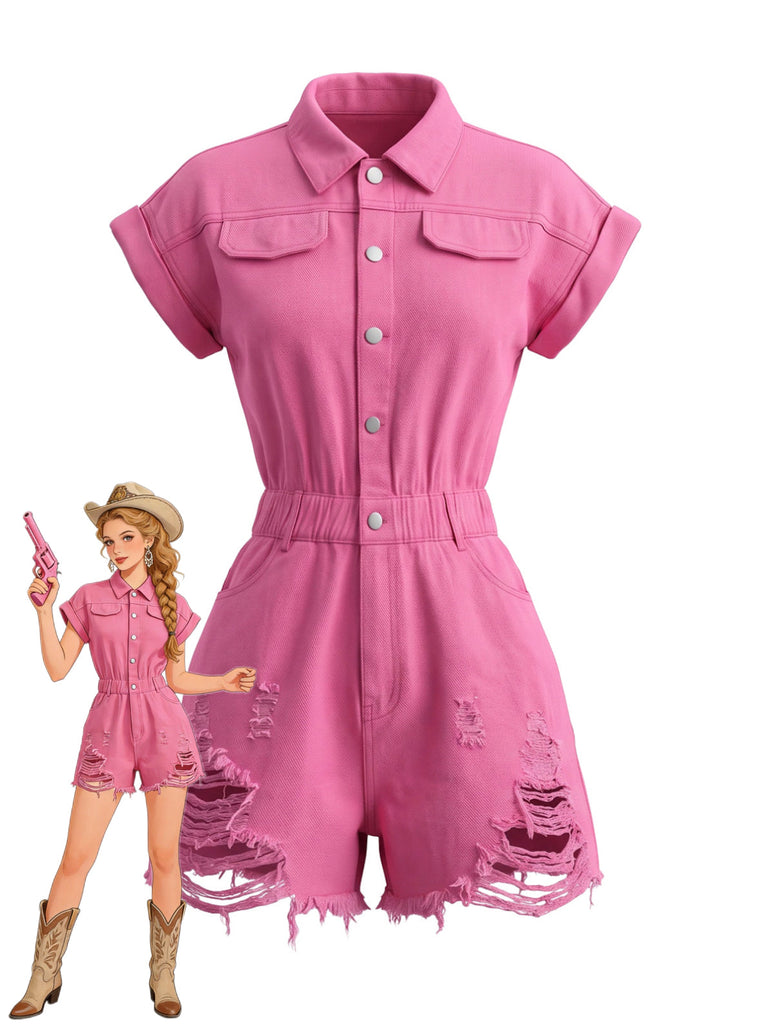 Combishort à Boutons Délavé Rose Pêche Années 1980