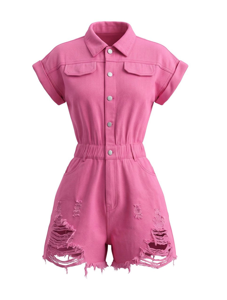Combishort à Boutons Délavé Rose Pêche Années 1980