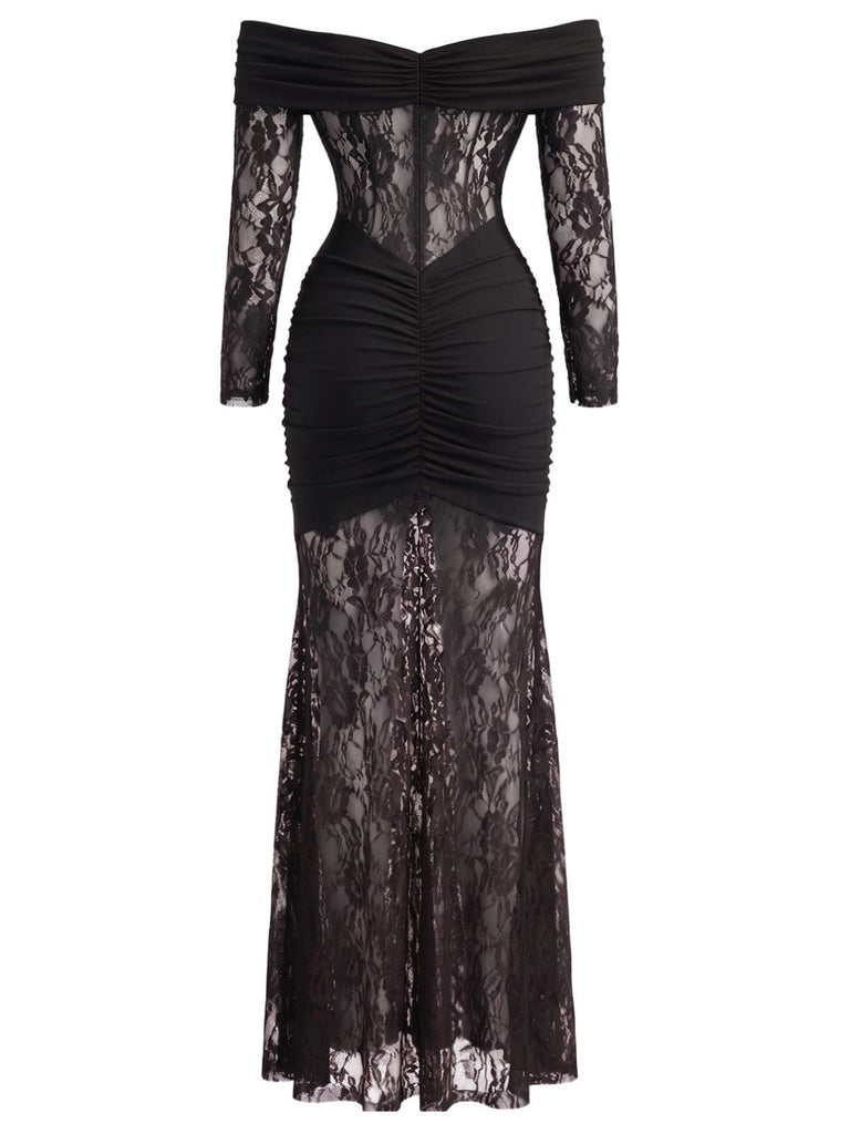 Robe Dentelle Épaules Dénudées Drapé Maxi Années 1930