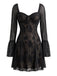 Robe courte noire à fleurs, col cœur et manches cloche années 1970