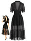 Robe midi noire en dentelle transparente boutonnée sur le devant années 1940