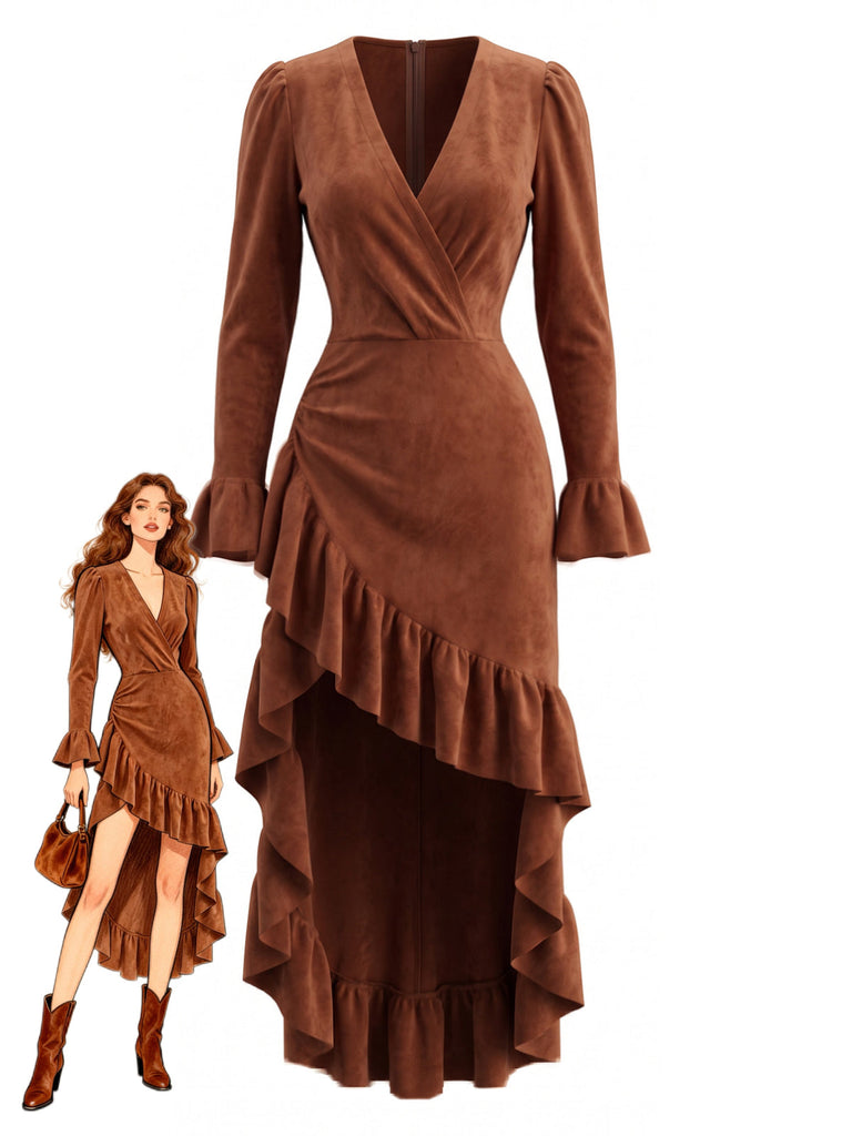 Robe marron à col V et ourlet volanté asymétrique années 1940