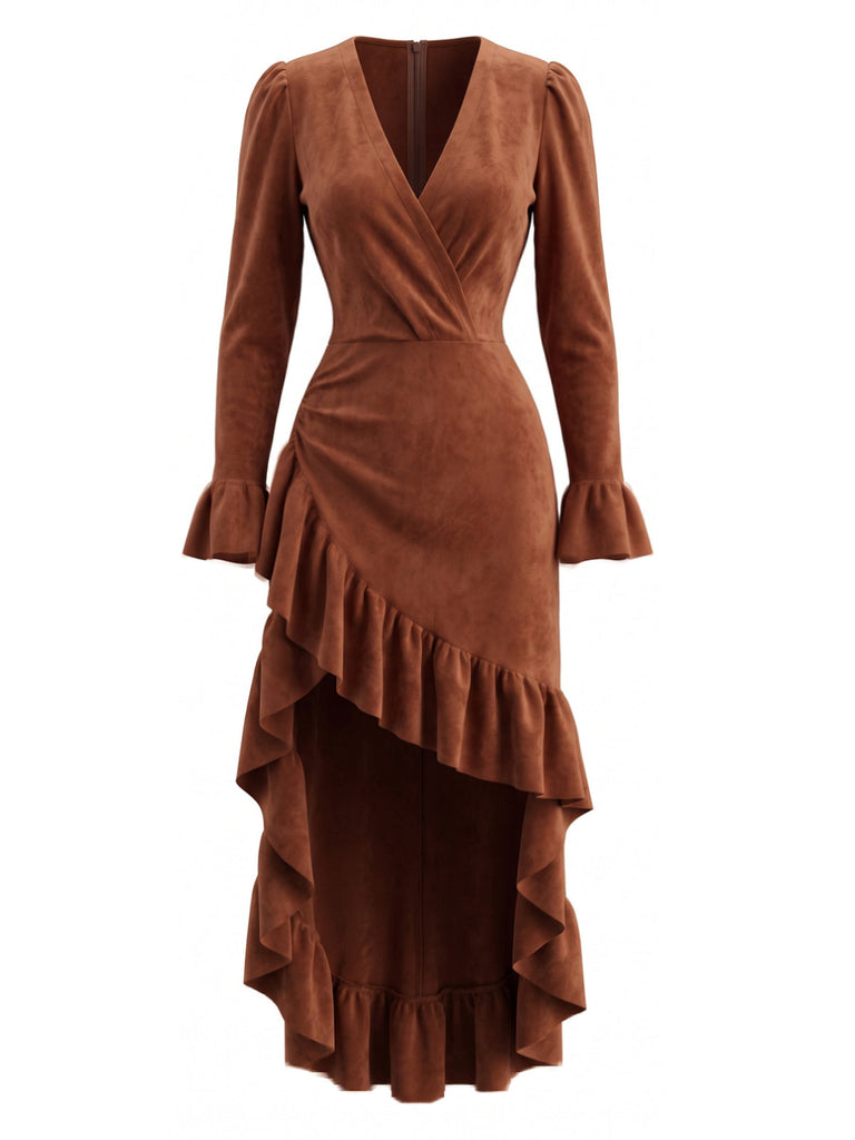 Robe marron à col V et ourlet volanté asymétrique années 1940