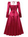 Robe midi rouge à col carré, manches bouffantes et corset années 1940