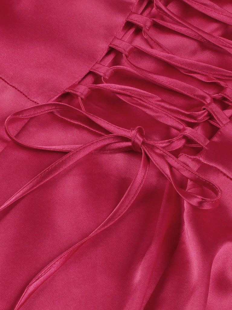 Robe midi rouge à col carré, manches bouffantes et corset années 1940