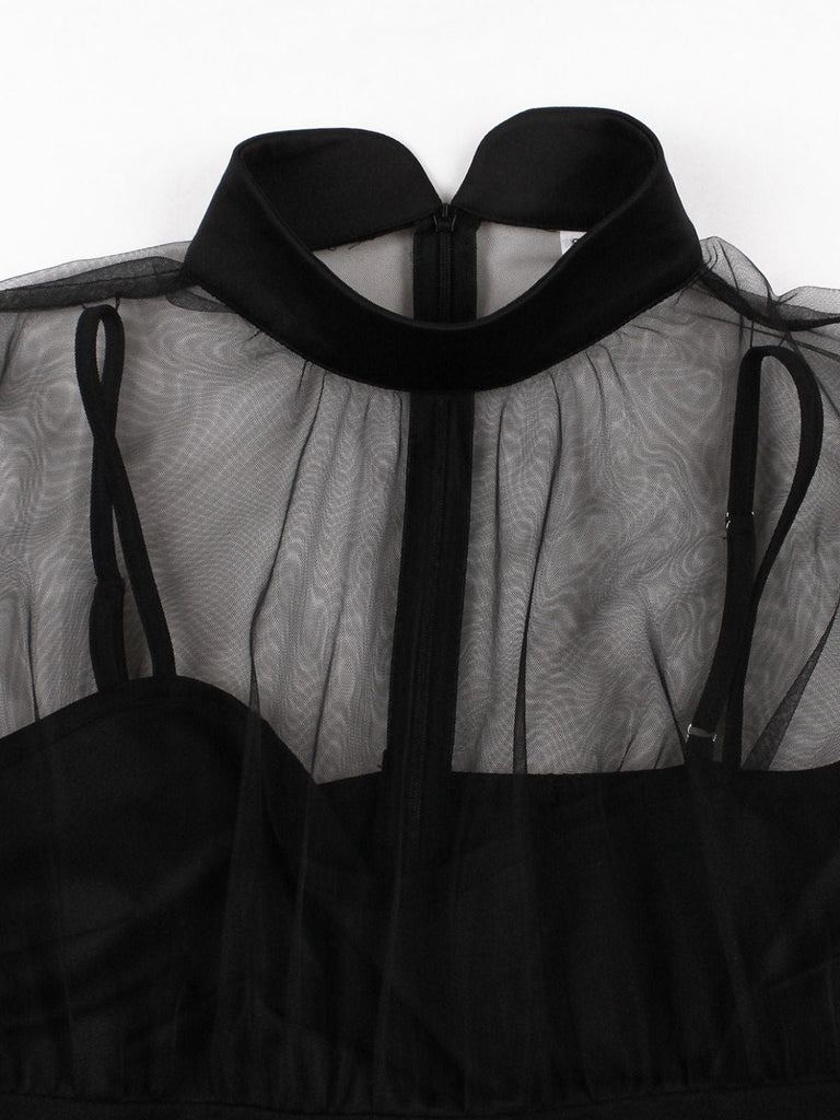 Robe sans manches en tulle transparent à col lavallière ajouré Années 1950