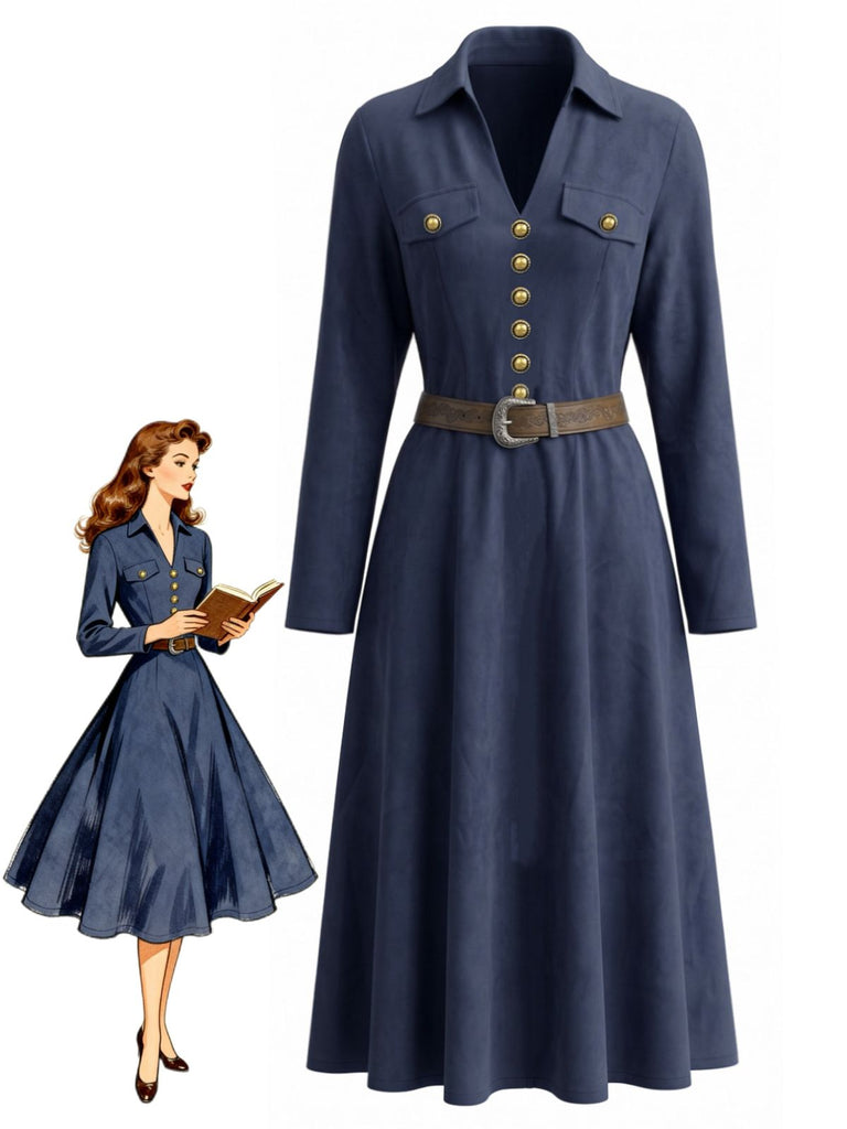 Robe bleu foncé à revers, col V et boutons décoratifs années 1940 - 1