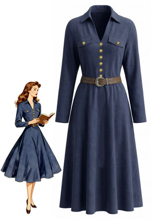 Robe bleu foncé à revers, col V et boutons décoratifs années 1940 - 1