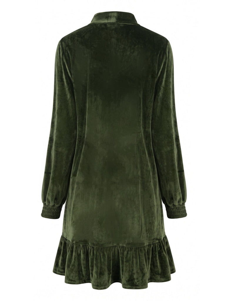 Robe courte vert foncé en velours à nœud et volants années 1970