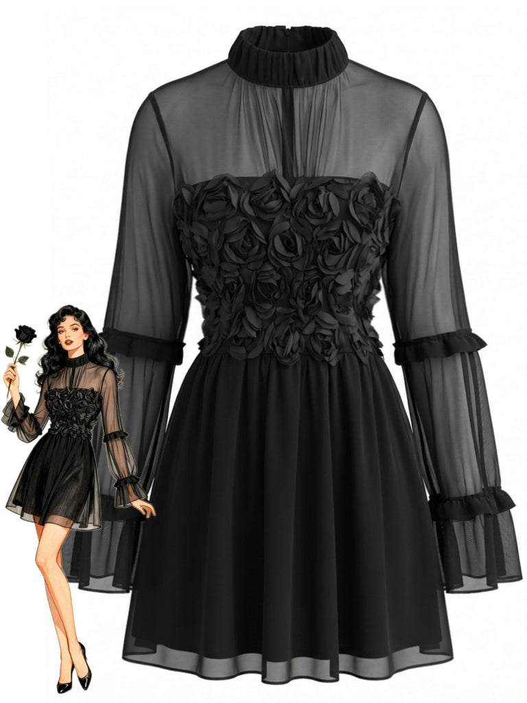 Robe gothique noire en résille transparente à rose 3D et volants années 1970