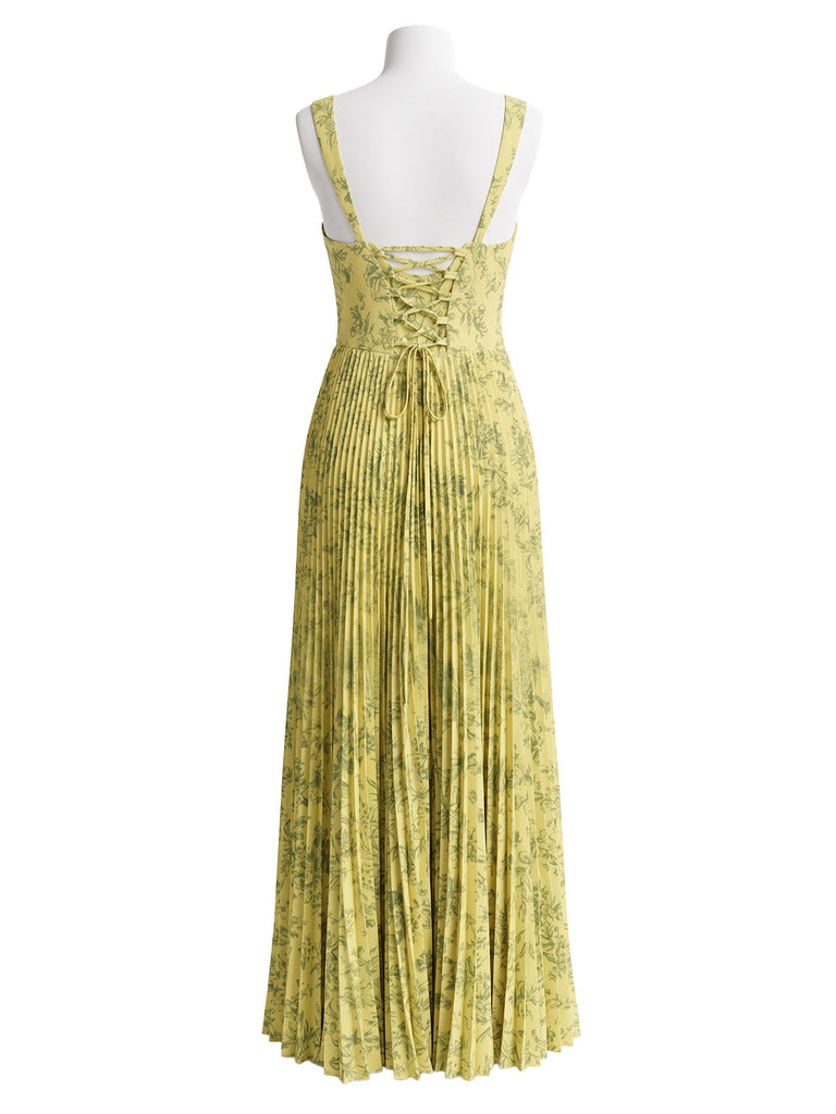 Robe Vert Floral Lacé Plissé Maxi Années 1930