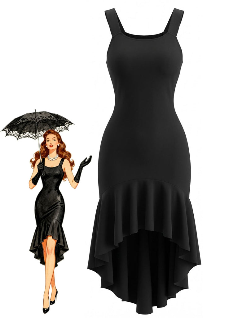 Robe noire à col dégagé et ourlet volanté asymétrique années 1930