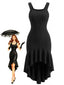 Robe noire à col dégagé et ourlet volanté asymétrique années 1930